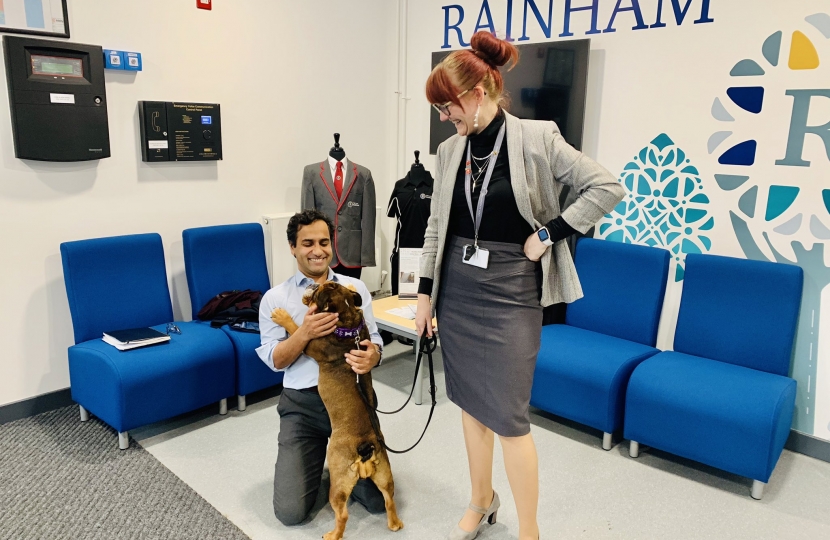 Rehman with Leigh Academy Principal & the school therapy dog